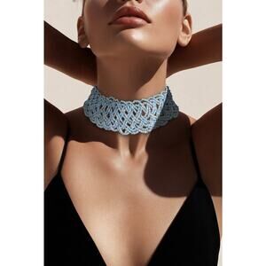 VTG Hand Woven Turquoise Seed Beaded Bib Necklace & Earrings Set